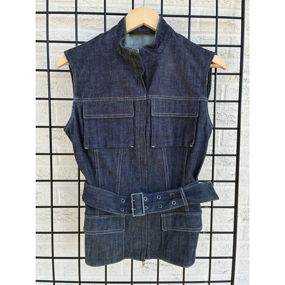 Elie Tahari Women's Med Belted Denim Utility Full Zip Vest